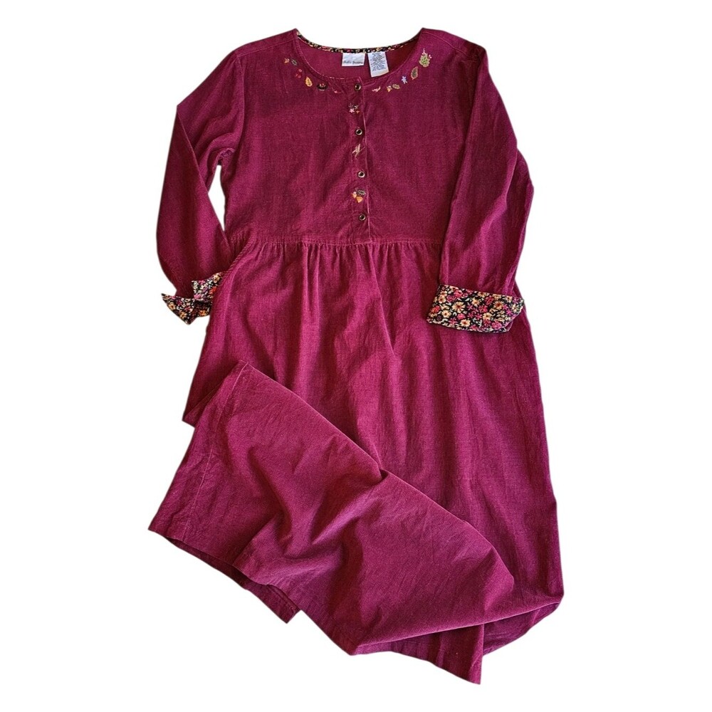 Vintage 90s Bobby Brooks Corduroy Dress M 8/10 Maroon Embroidered Cottagecore